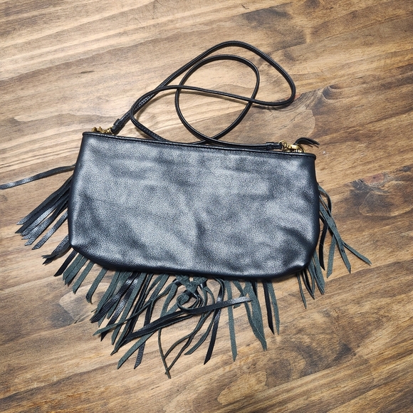 The Sak Filmore Leather 3 in 1 Black Clutch Shoulder Crossbody Woven With Fringe - Picture 2 of 13